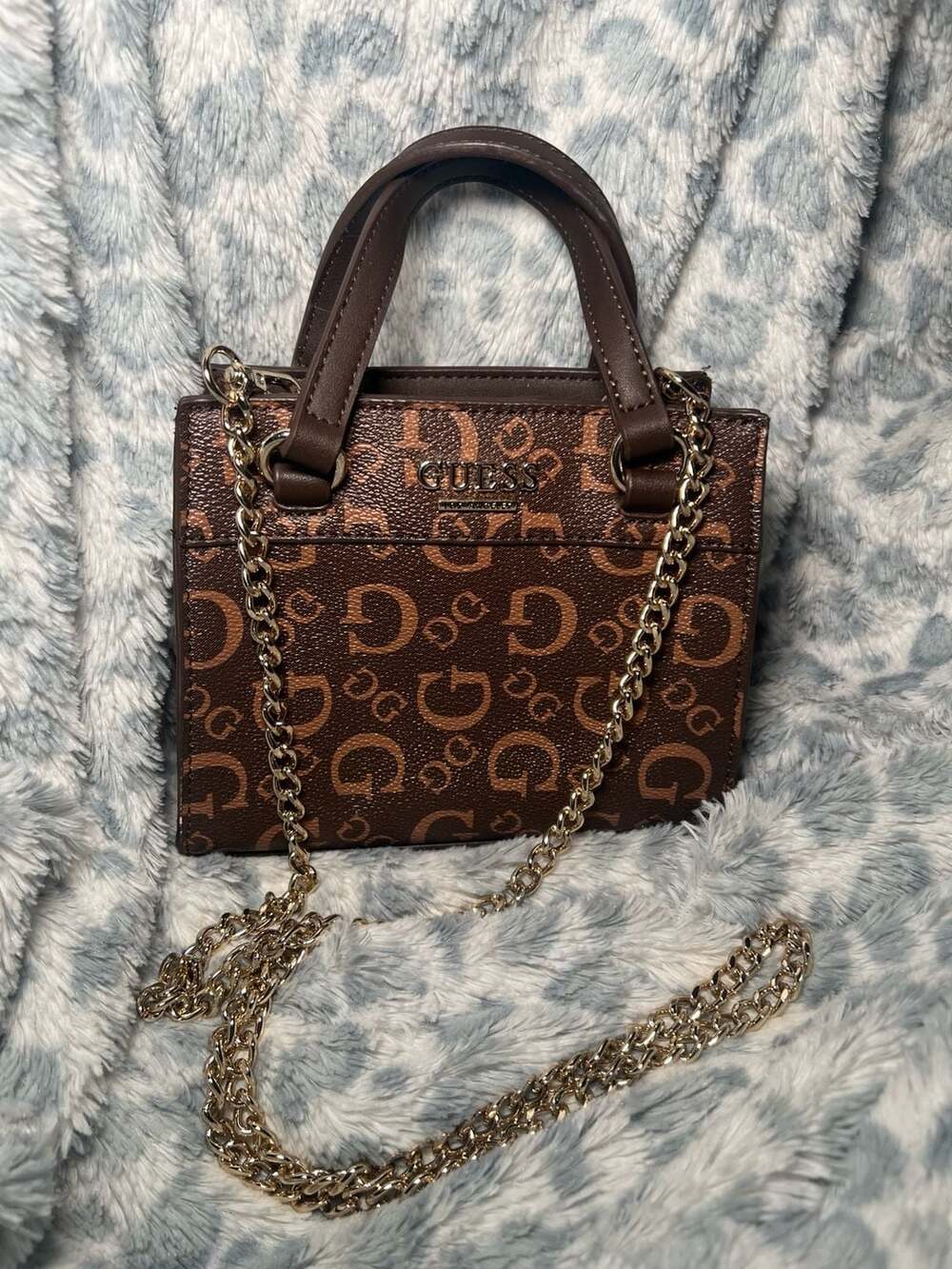 Guess Brown Monogram Fiddlewood Mini Tote Bag with Detachable Chain Strap